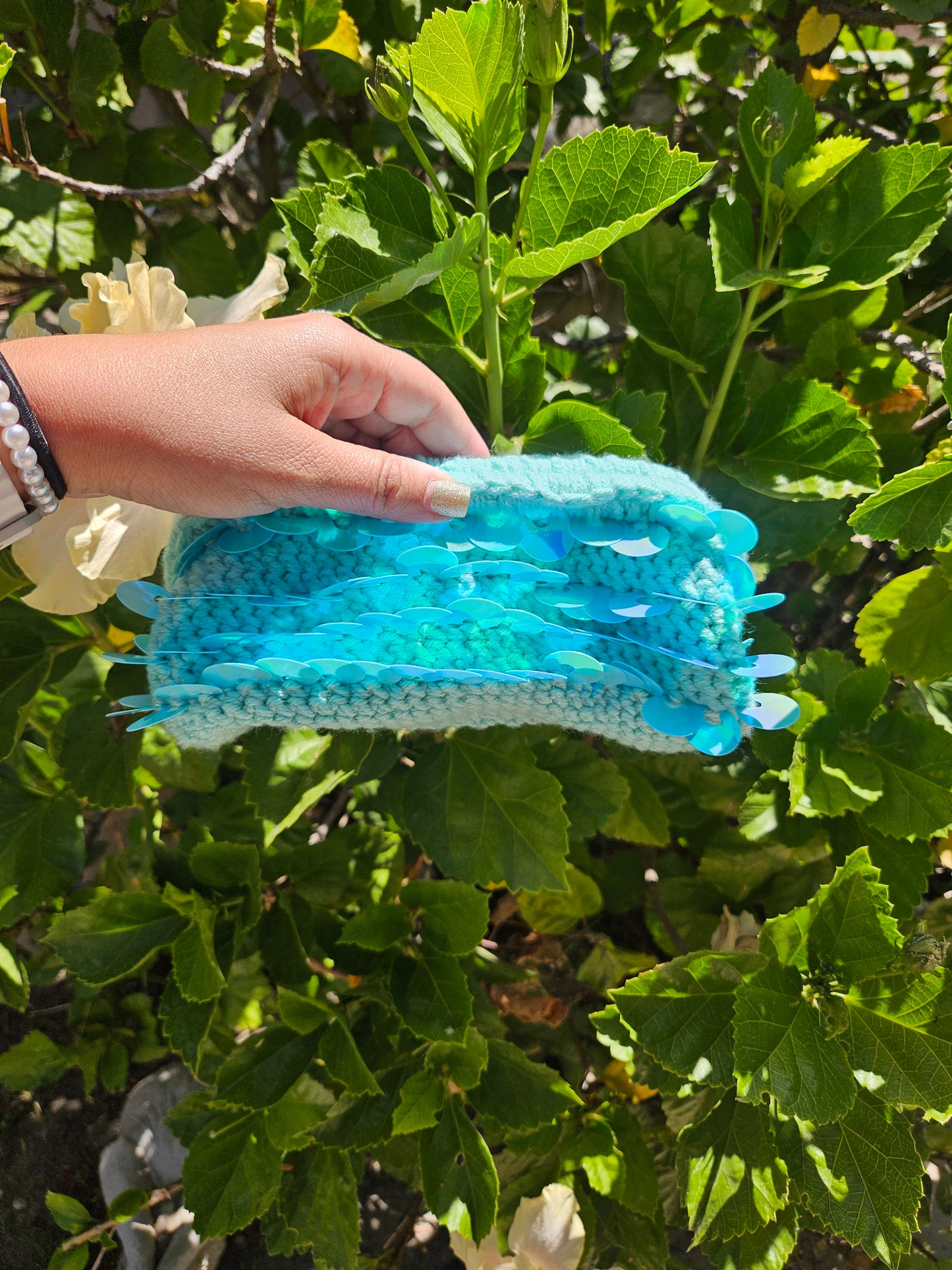 Blue sequin clutch