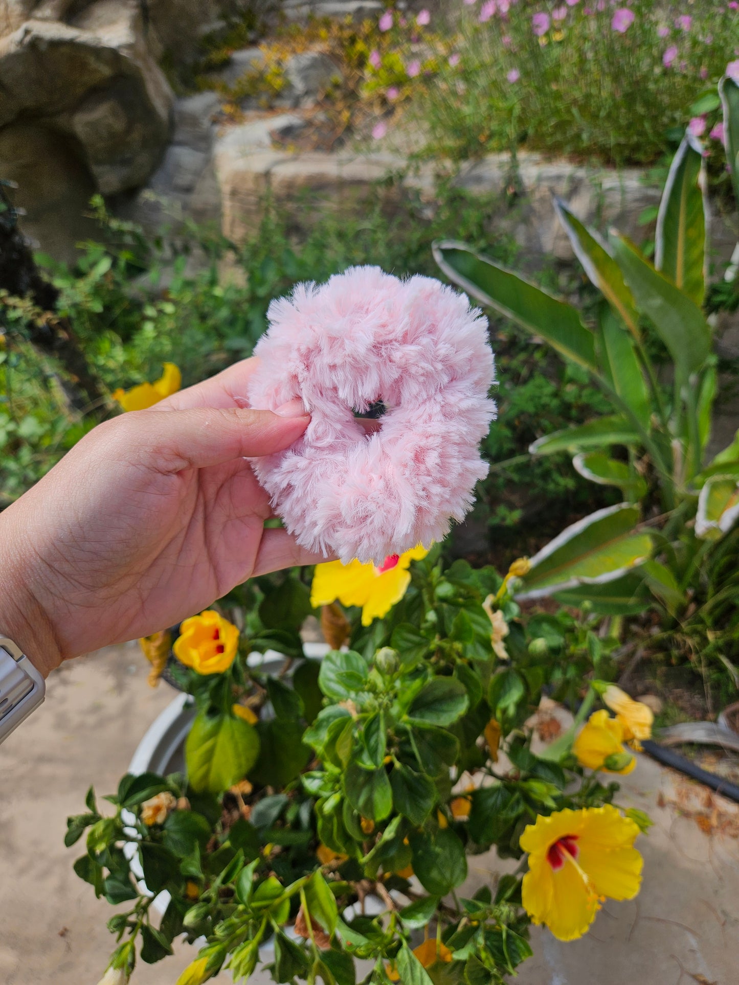 Pink fuzzy scrunchies
