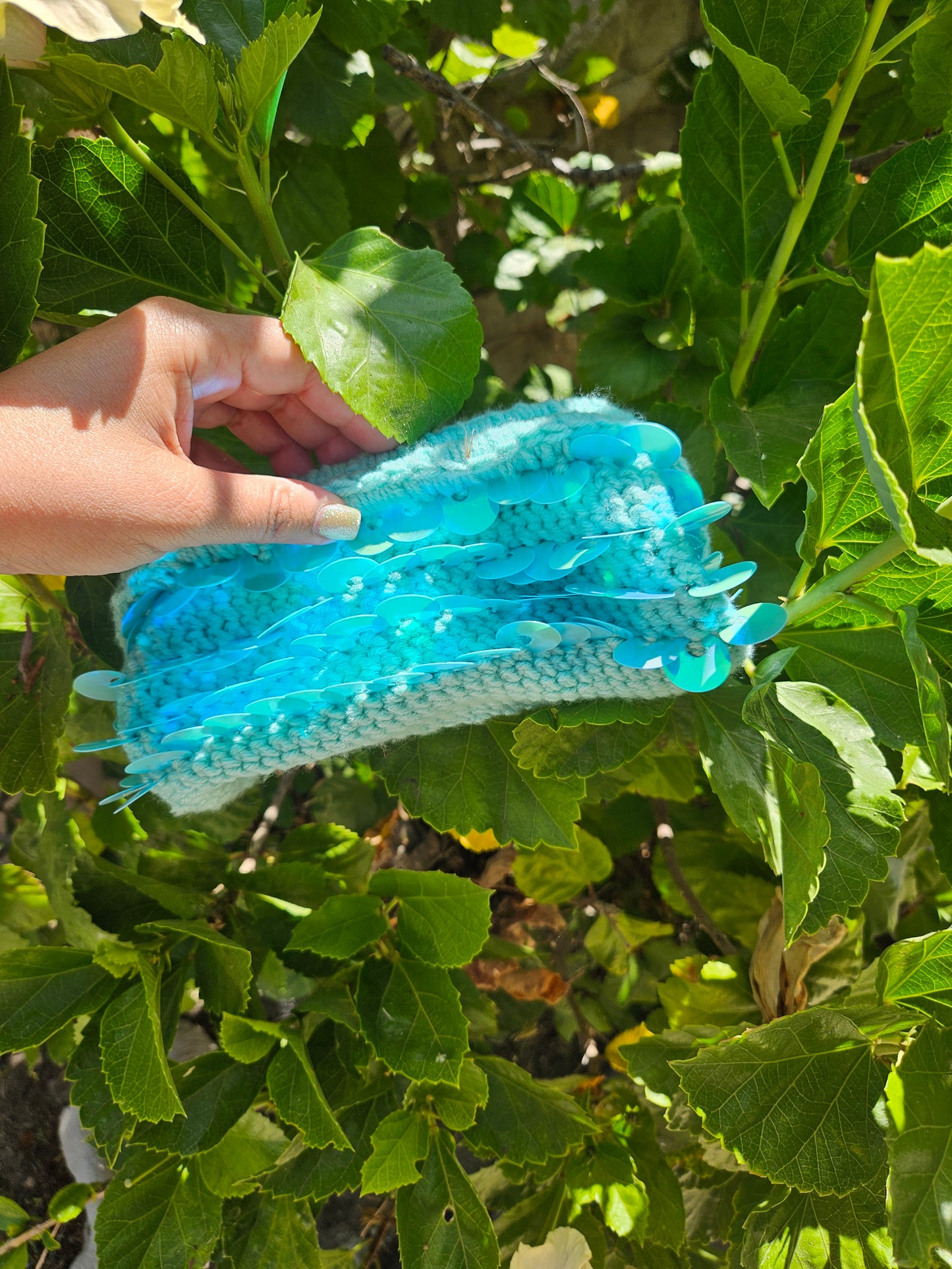 Blue sequin clutch